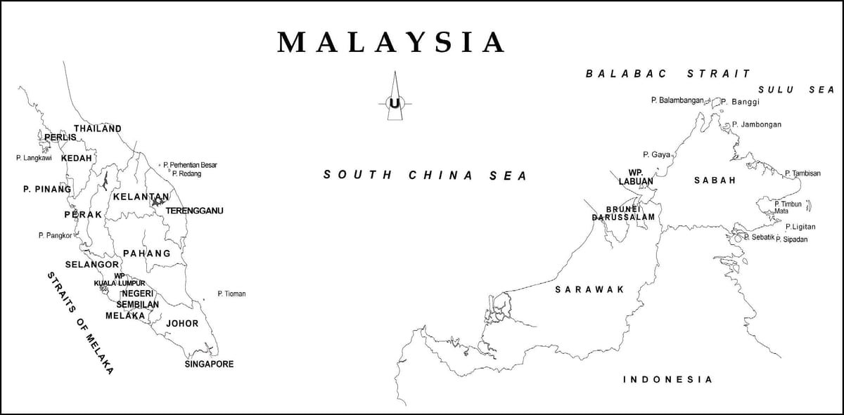 mapa de contorno del mapa de malasia con los límites del estado
